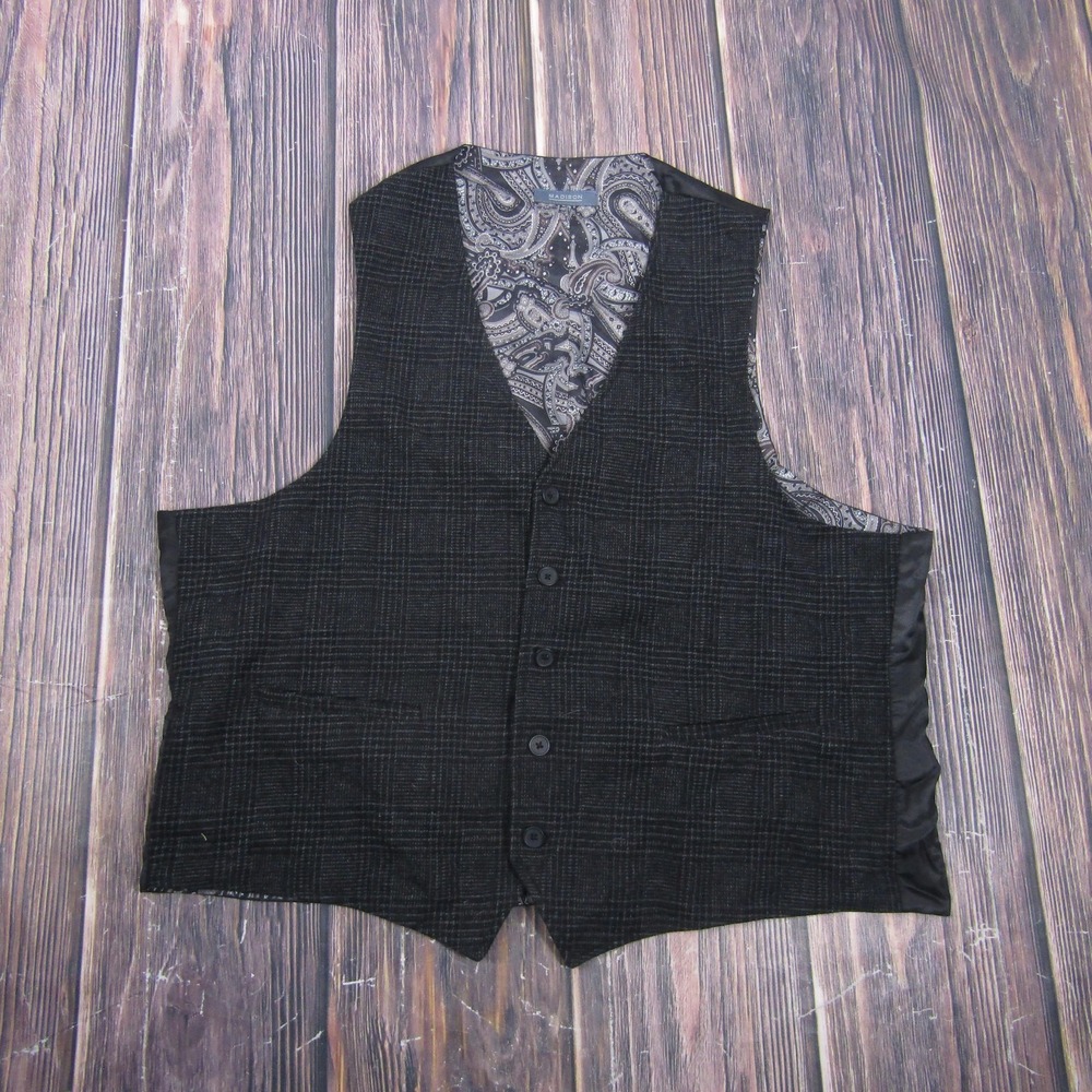 Madison Suit Vest Mens XL‎ Black Check Wool Polyester 3 Piece 5-Button Formal